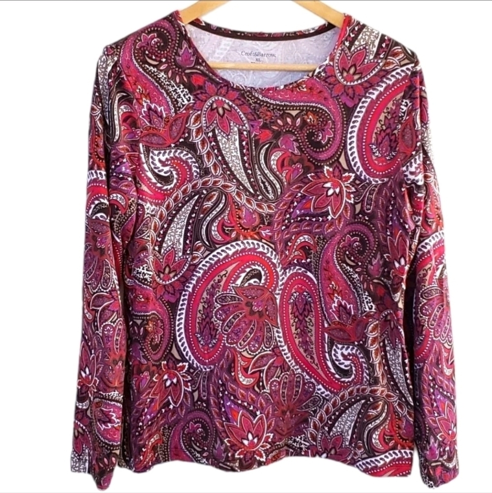Croft & Barrow Shirt Size XL Paisley Purple Brown Cotton Retro Mod Boho Whimsy